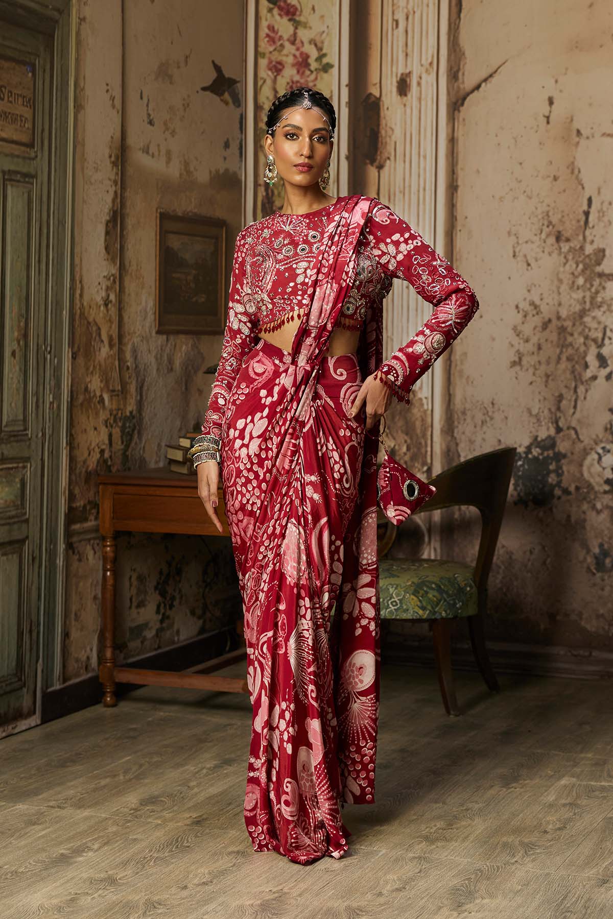 SCARLET RED PRINTED AND HIGHLIGHTED DHOTI SKIRT SAREE SET