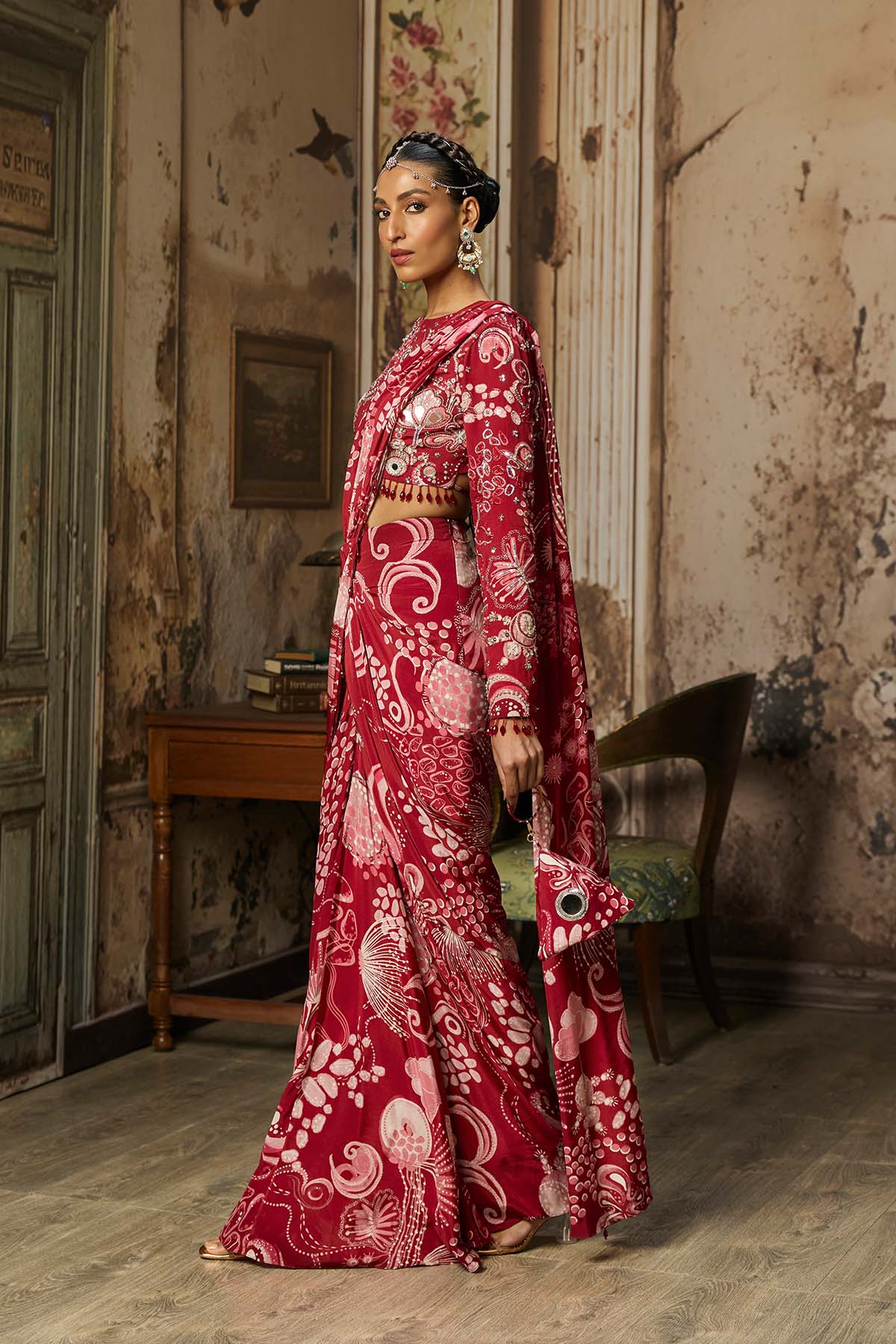SCARLET RED PRINTED AND HIGHLIGHTED DHOTI SKIRT SAREE SET