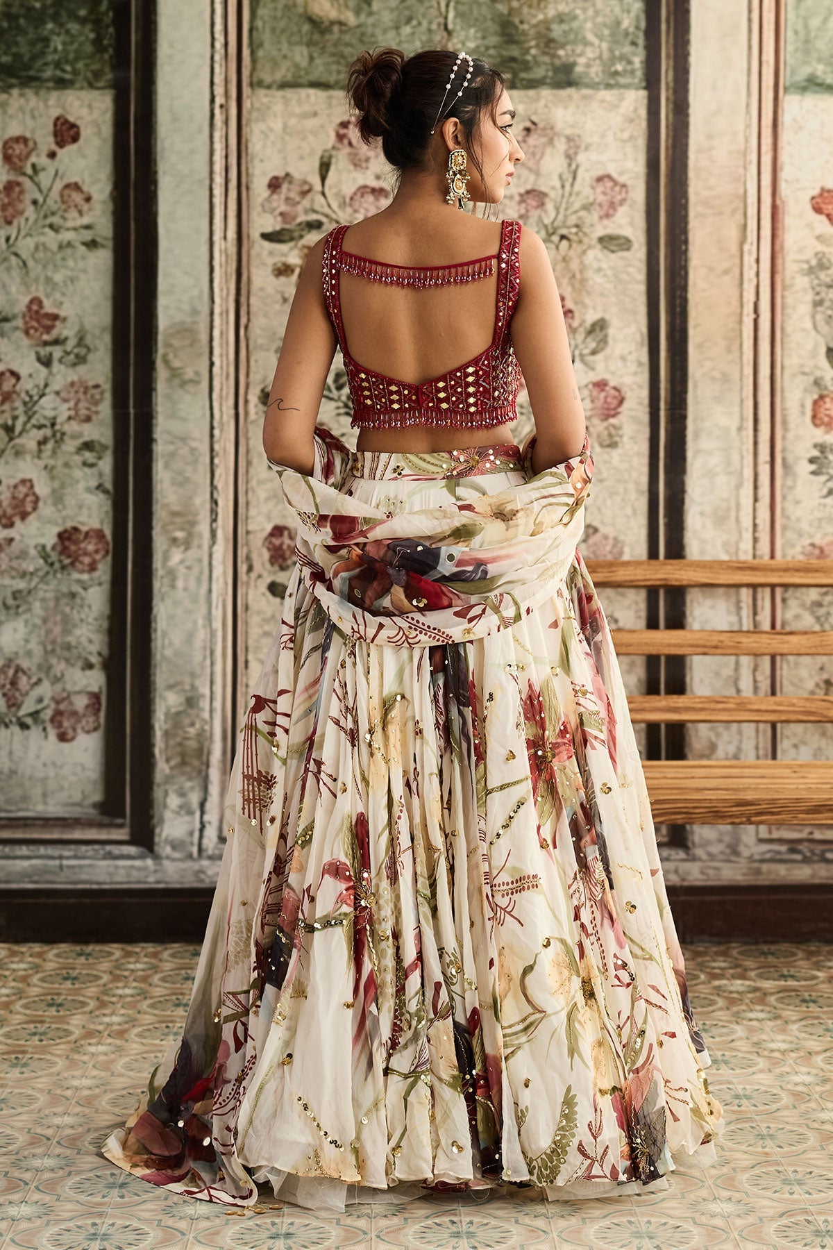 Ivory Floral Print And Highlighted Lehenga Set