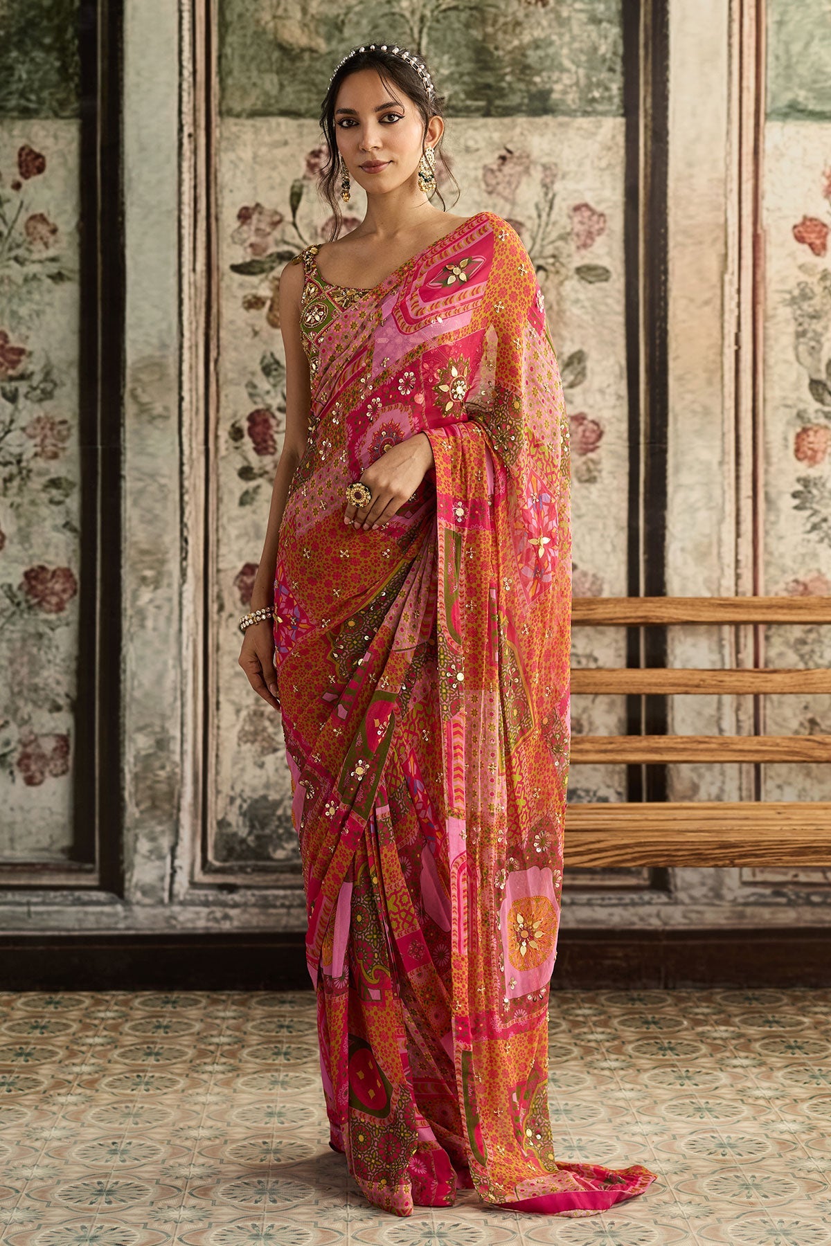 Sage Butta Print And Highlighted One-Shoulder Blouse With Yellow-Fuschia Pre-Draped Classic Saree Set
