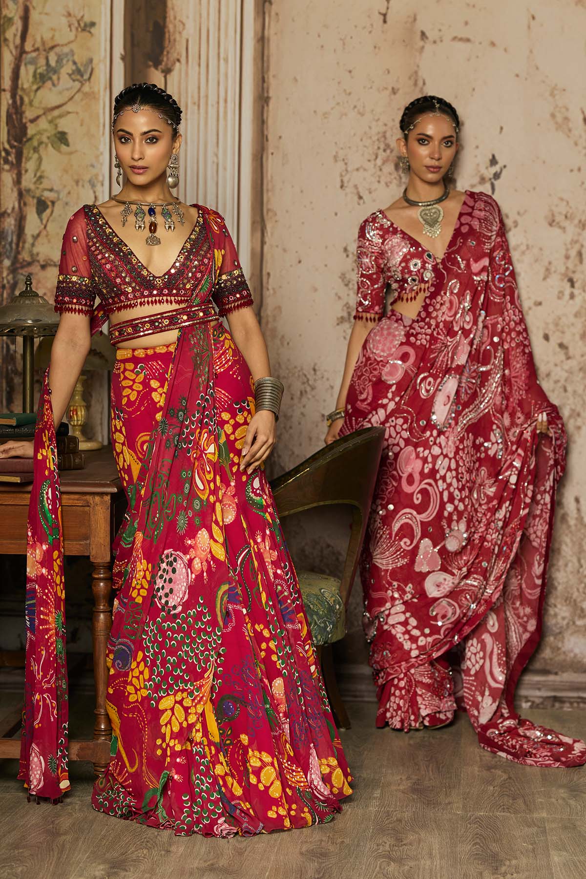 DEEP RED EMBROIDERED BLOUSE WITH MERMAID SKIRT SAREE SET