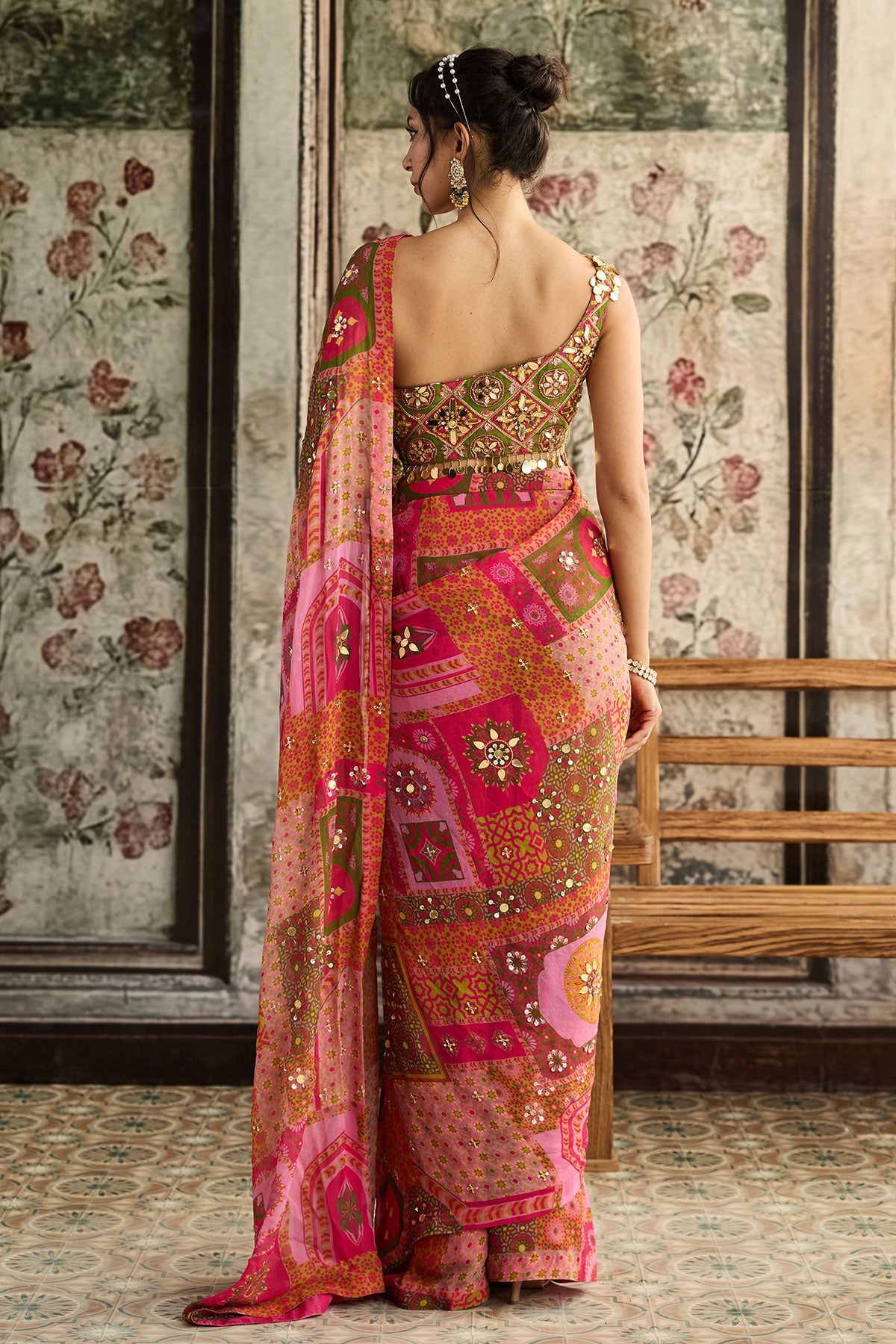Sage Butta Print And Highlighted One-Shoulder Blouse With Yellow-Fuschia Pre-Draped Classic Saree Set