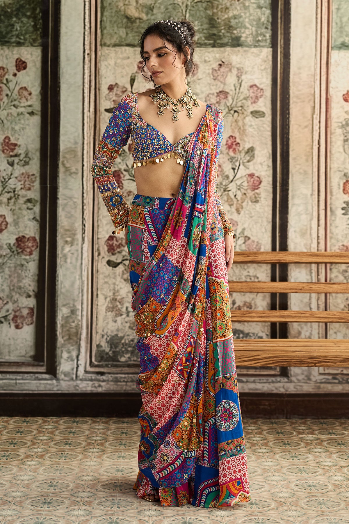 Multi-Color Print And Highlighted Plunge Neckline Blouse With Sharara Saree Set