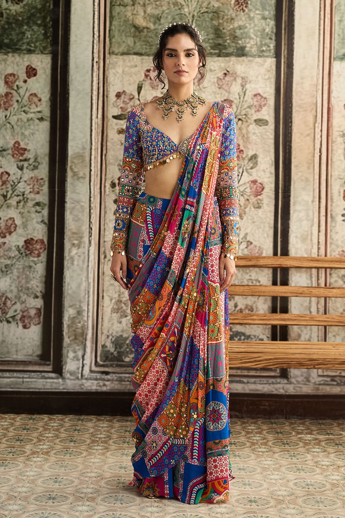 Multi-Color Print And Highlighted Plunge Neckline Blouse With Sharara Saree Set
