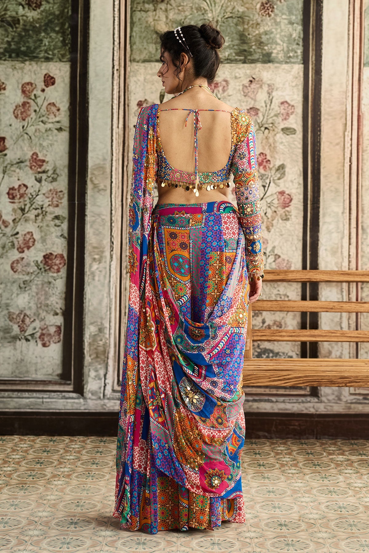 Multi-Color Print And Highlighted Plunge Neckline Blouse With Sharara Saree Set