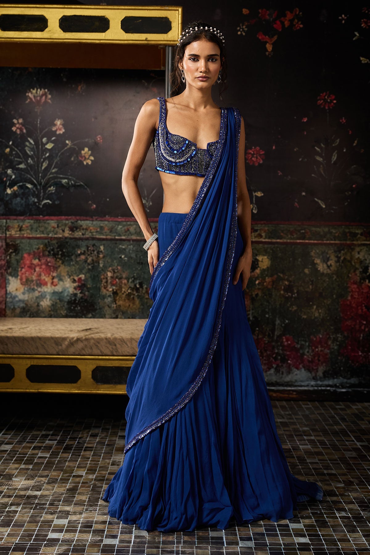 Electric Blue Mermaid Skirt Saree Set