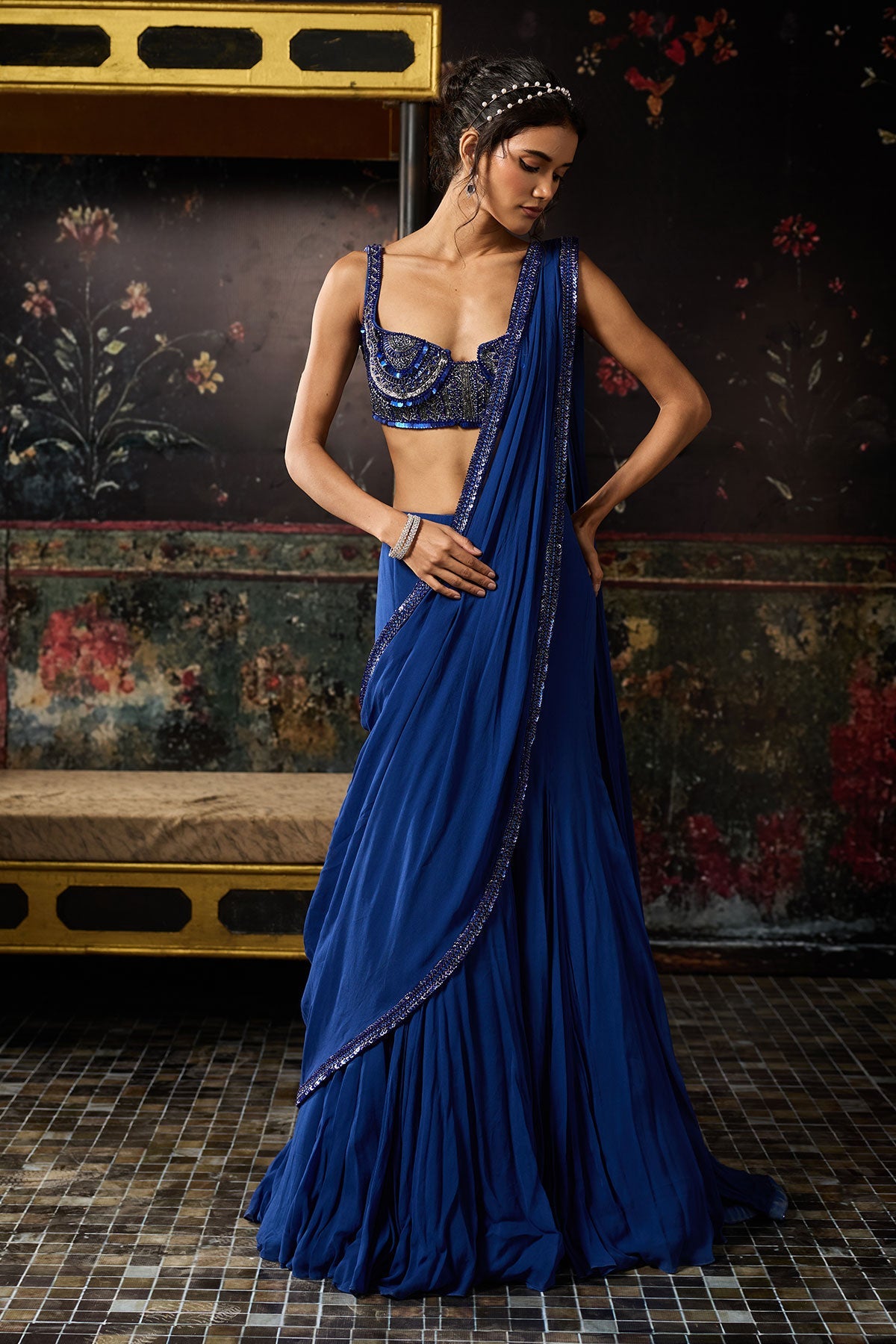 Electric Blue Mermaid Skirt Saree Set