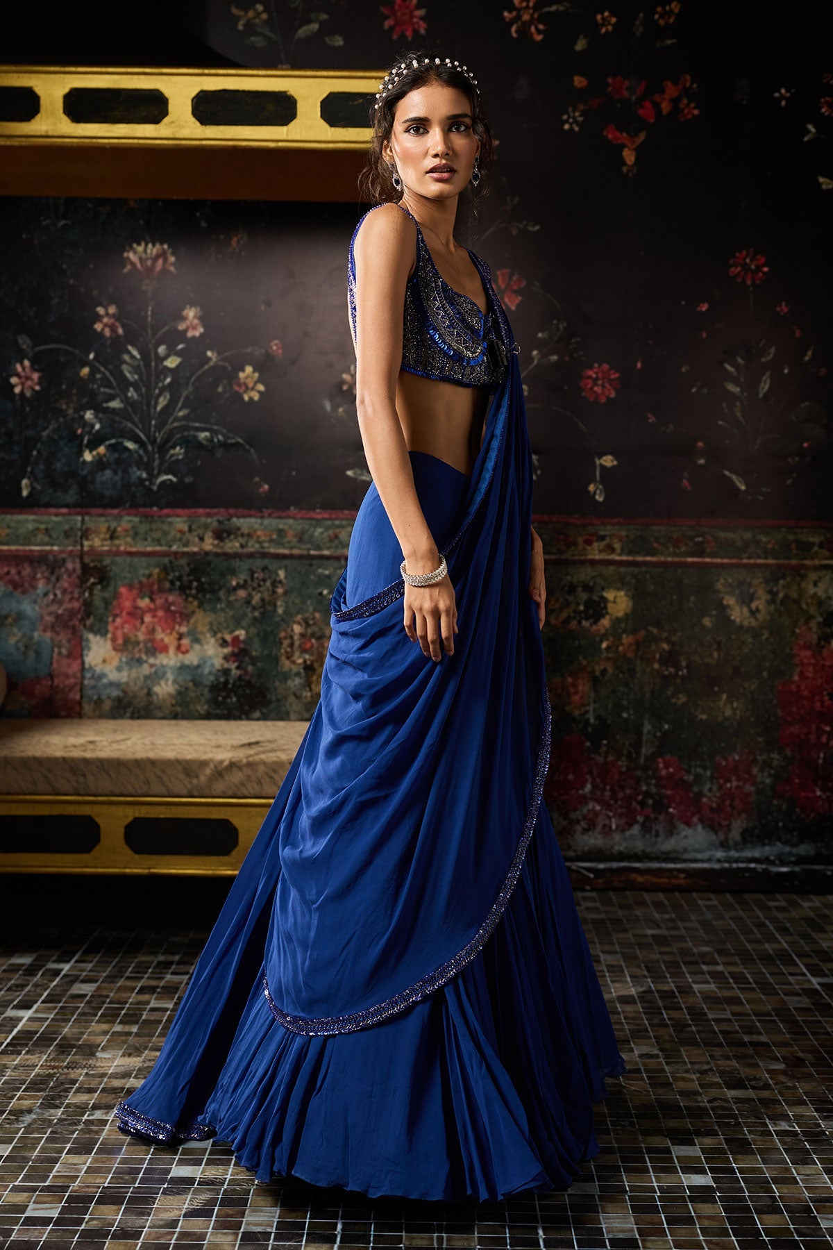 Electric Blue Mermaid Skirt Saree Set