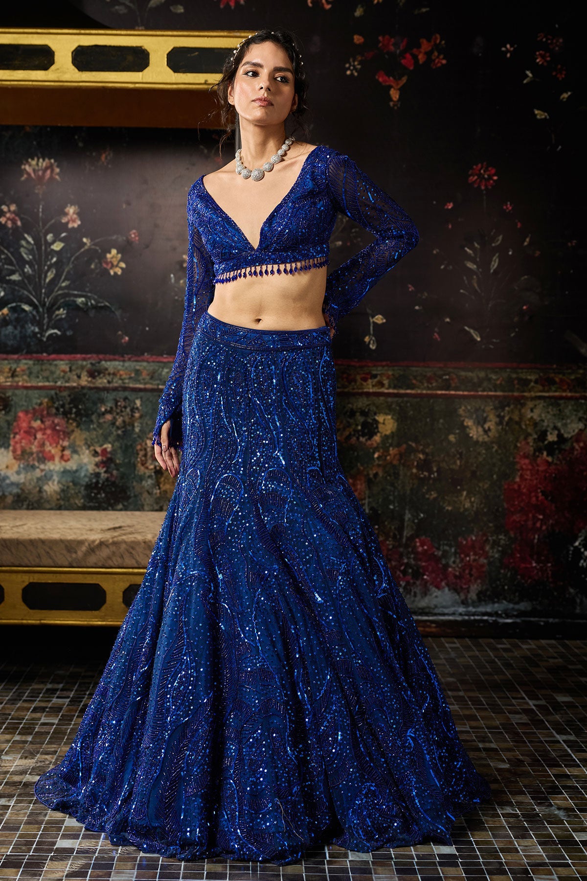 Electric Blue Embellished Mermaid Skirt Set