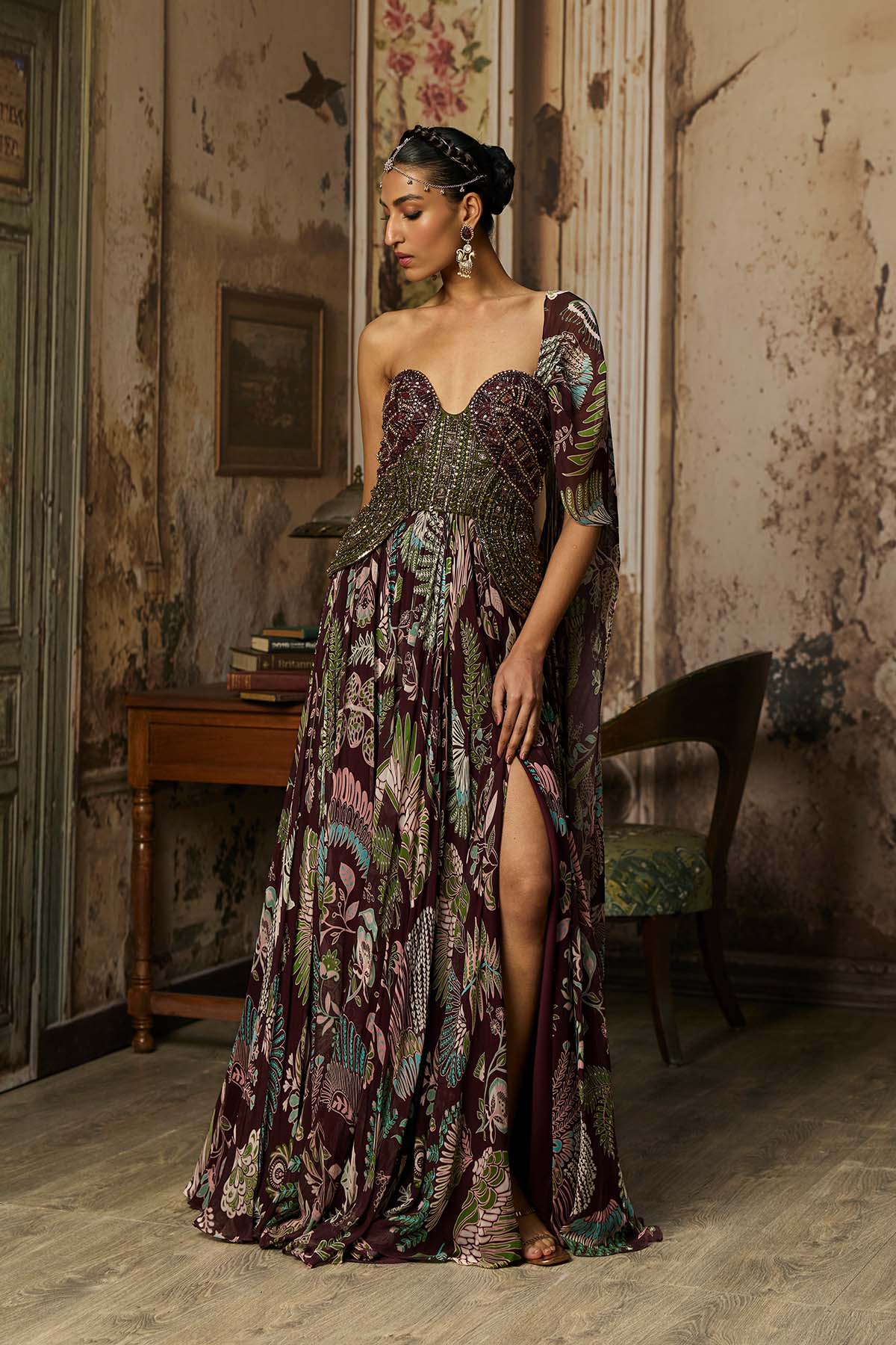 PLUM PRINTED AND EMBROIDERED DRAPE GOWN SAREE