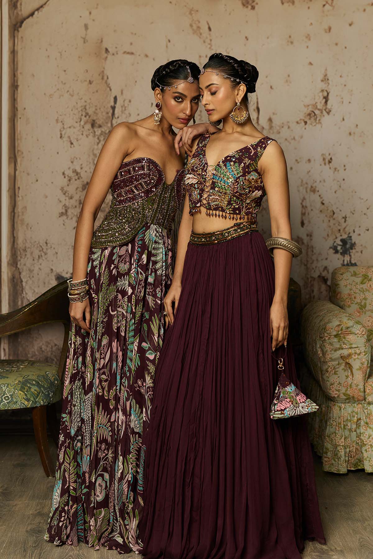 PLUM PRINTED AND EMBROIDERED DRAPE GOWN SAREE