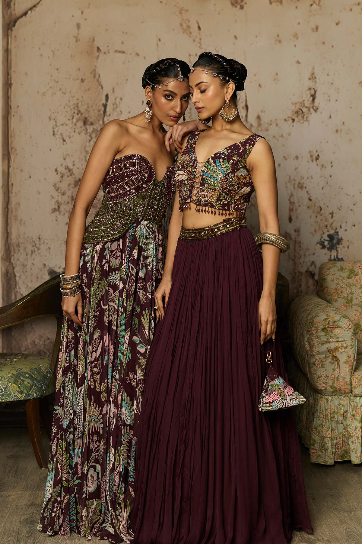 PLUM PRINT AND HIGHIGHTED BLOUSE WITH SKIRT SET