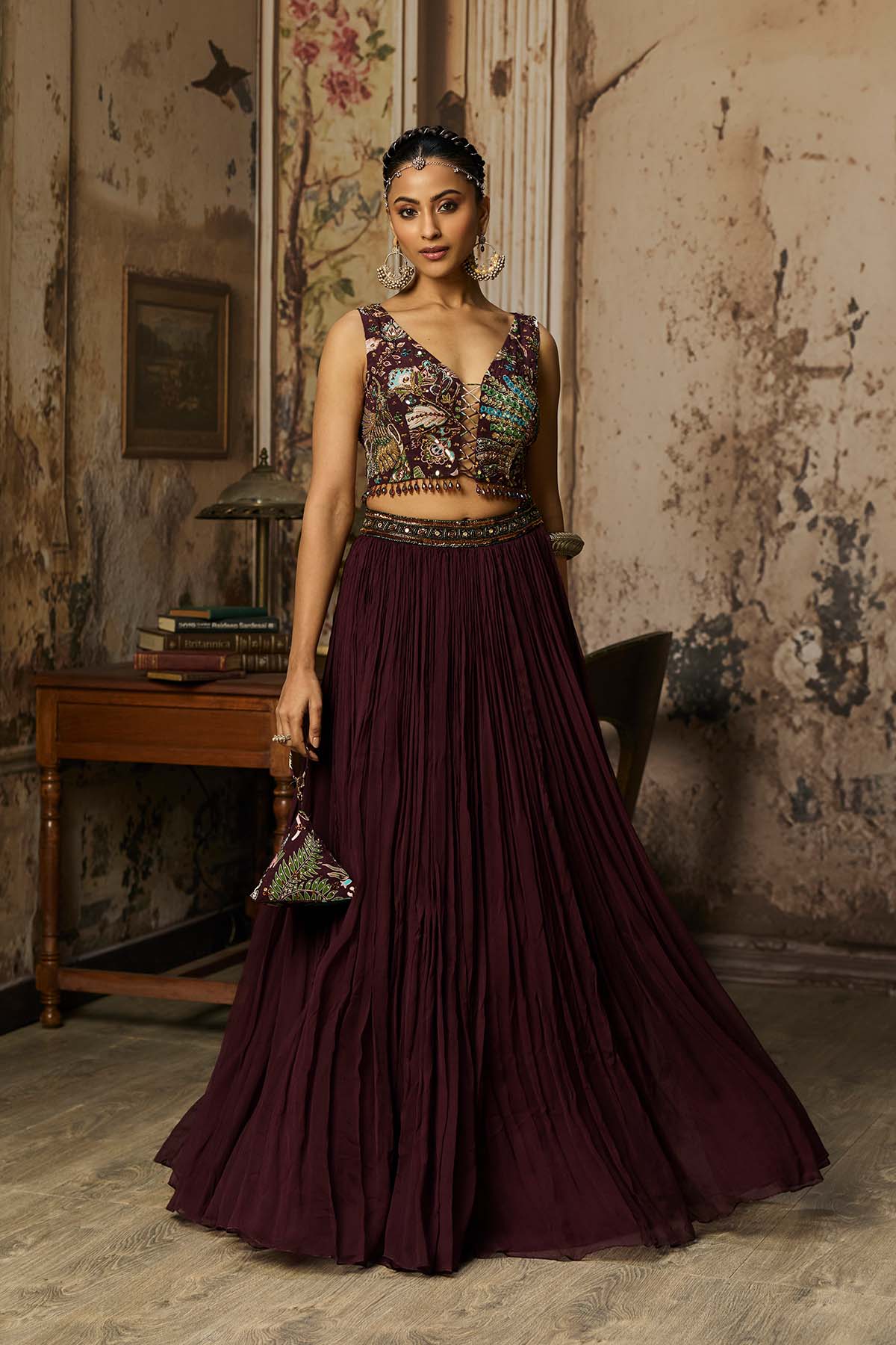 PLUM PRINT AND HIGHIGHTED BLOUSE WITH SKIRT SET