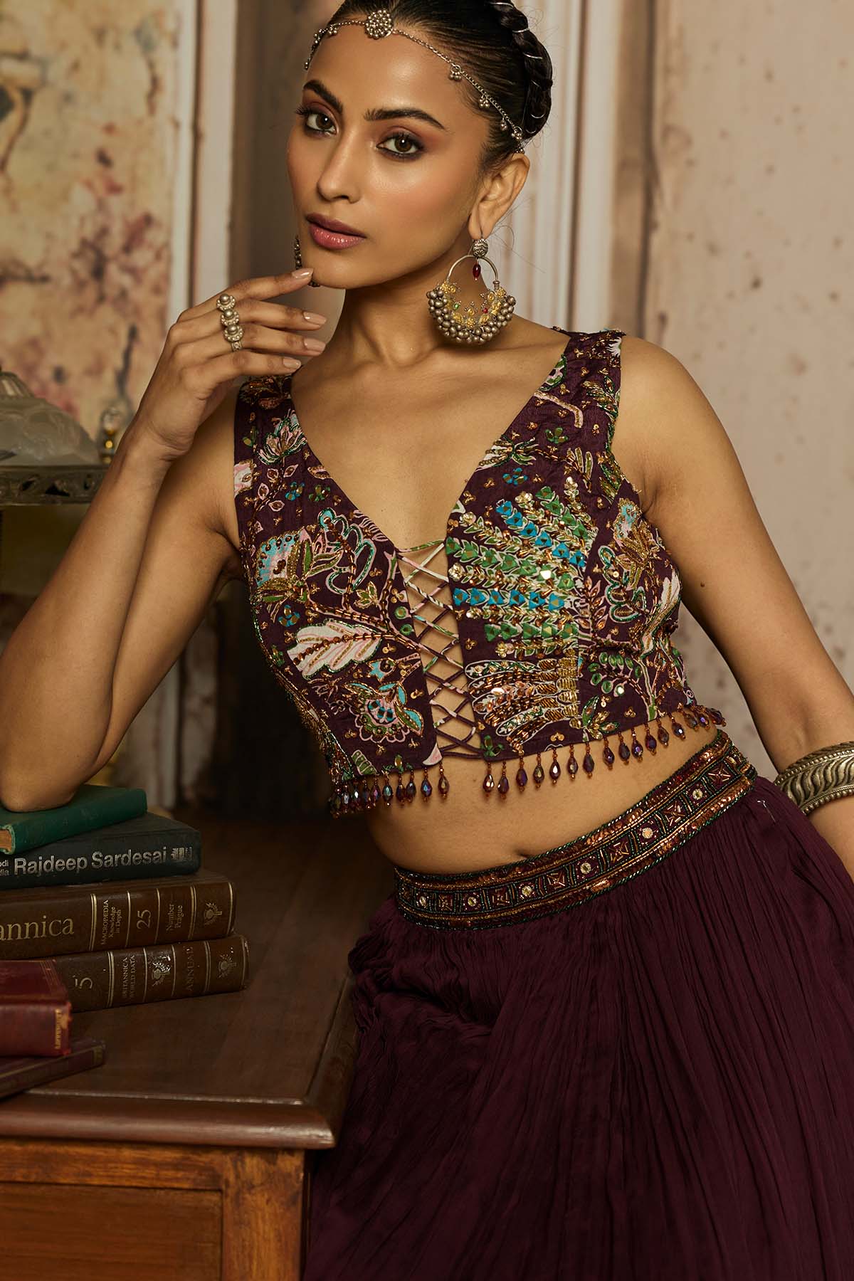 PLUM PRINT AND HIGHIGHTED BLOUSE WITH SKIRT SET