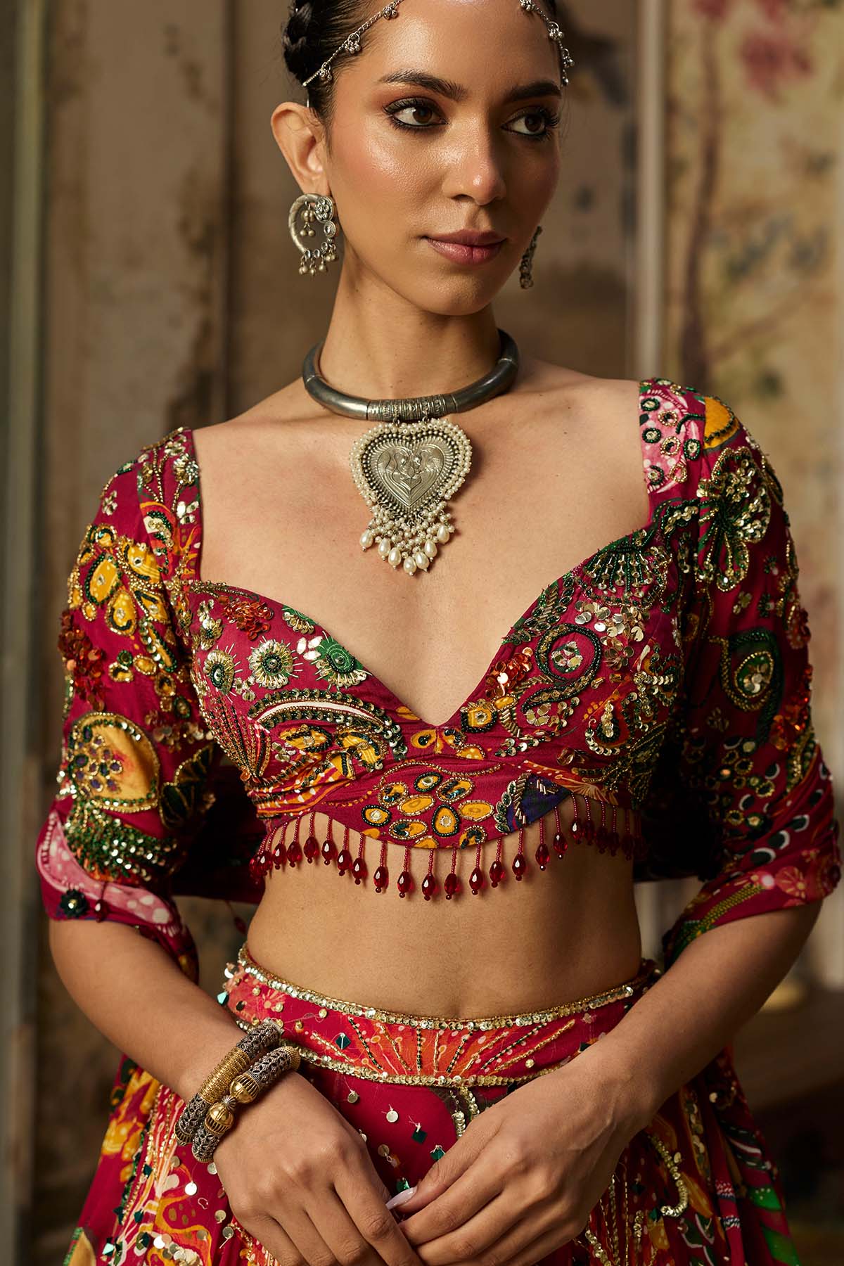 DEEP RED PRINTED AND HIGHLIGHTED LEHENGA SET