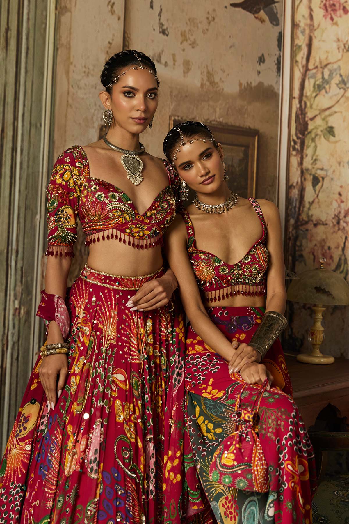 DEEP RED PRINTED AND HIGHLIGHTED LEHENGA SET
