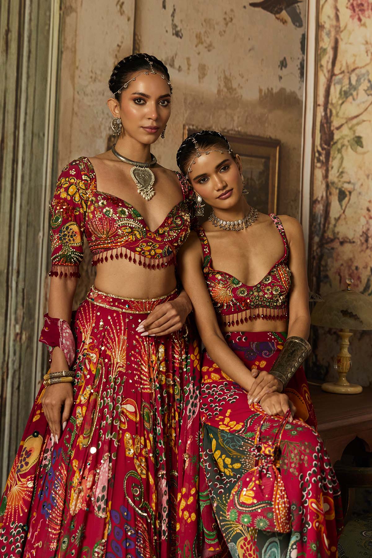 DEEP RED PRINTED AND HIGHLIGHTED SKIRT SET