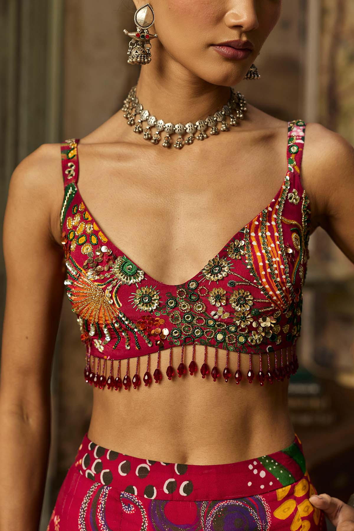 DEEP RED PRINTED AND HIGHLIGHTED SKIRT SET