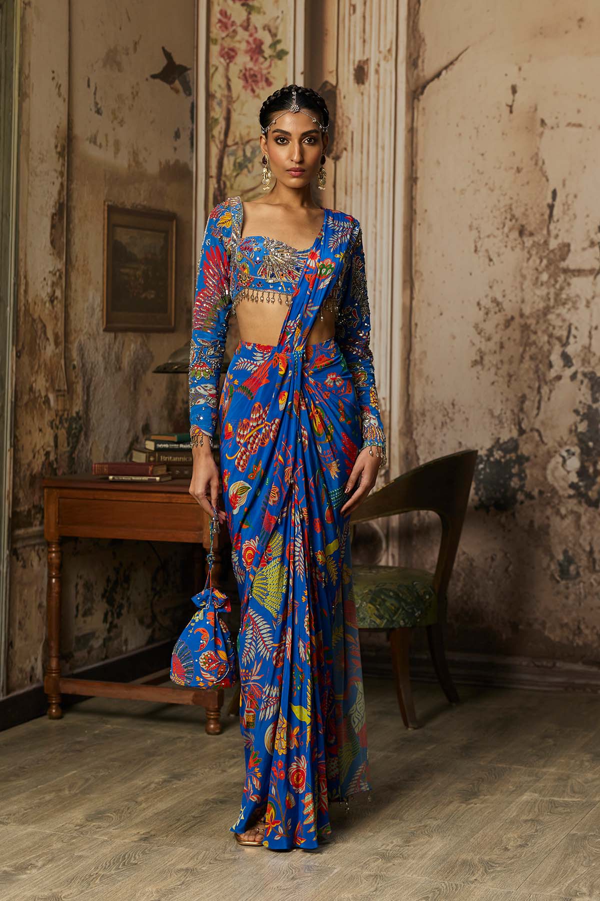 ELECTRIC BLUE PRINTED AND HIGHLIGHTED DHOTI SAREE