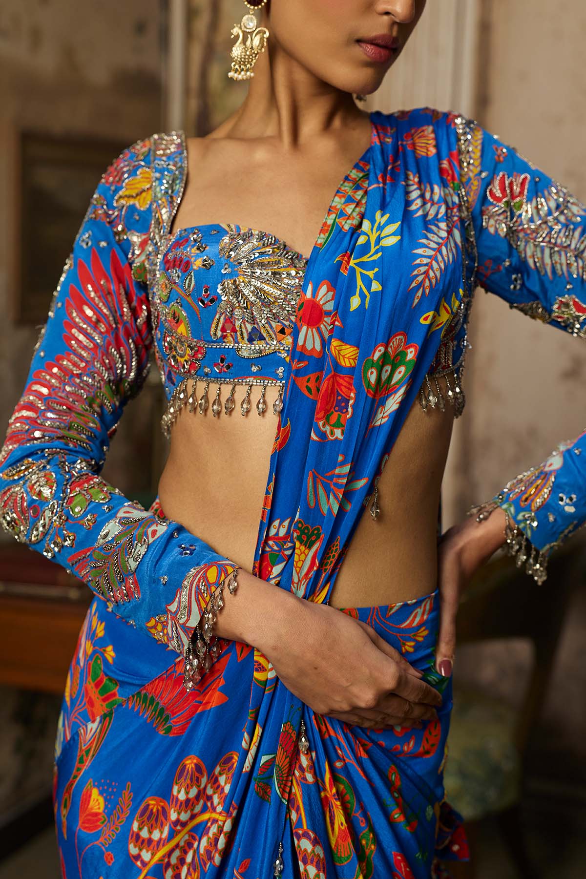 ELECTRIC BLUE PRINTED AND HIGHLIGHTED DHOTI SAREE