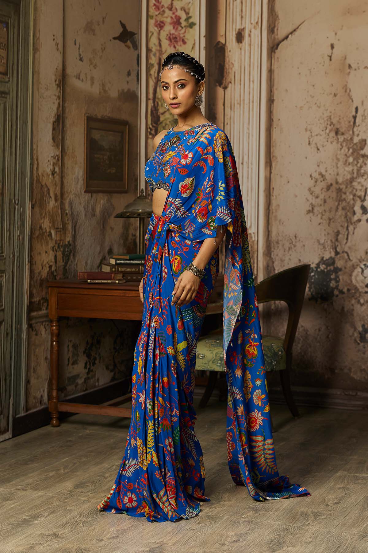 ELECTRIC BLUE PRINTED AND HIGHLIGHTED DHOTI SKIRT SAREE SET