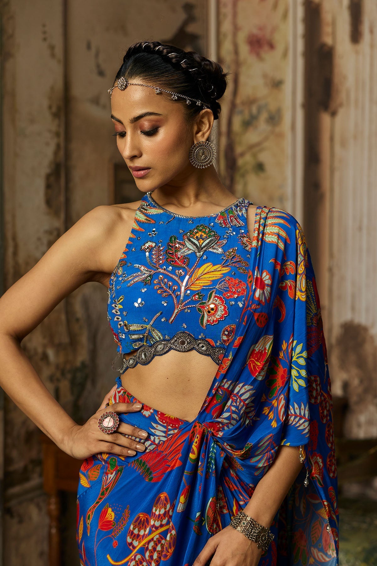 Electric Blue Printed And Highlighted Dhoti Skirt Saree Set - Ready To Ship