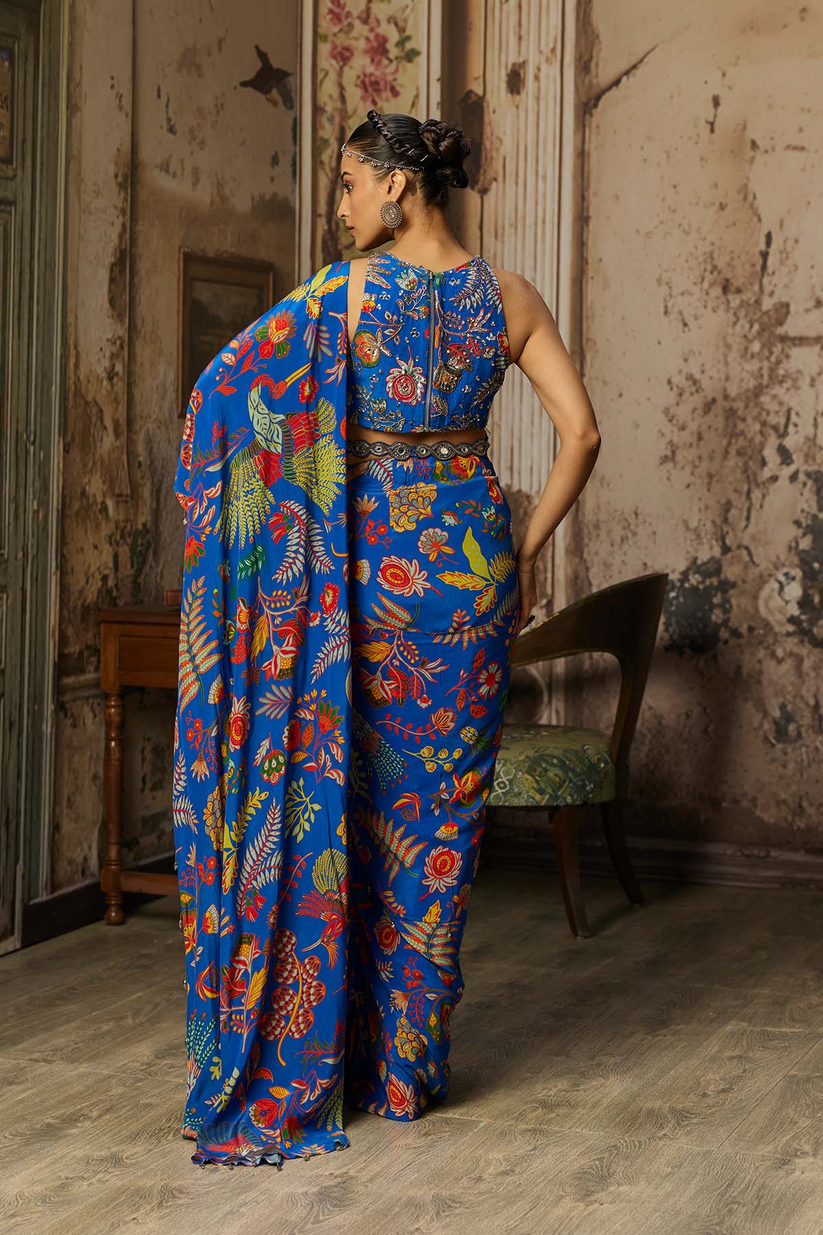 ELECTRIC BLUE PRINTED AND HIGHLIGHTED DHOTI SKIRT SAREE SET