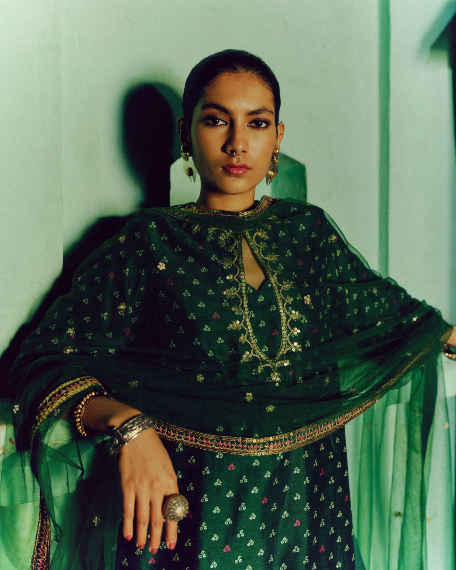 Emerald green keyhole kurta set