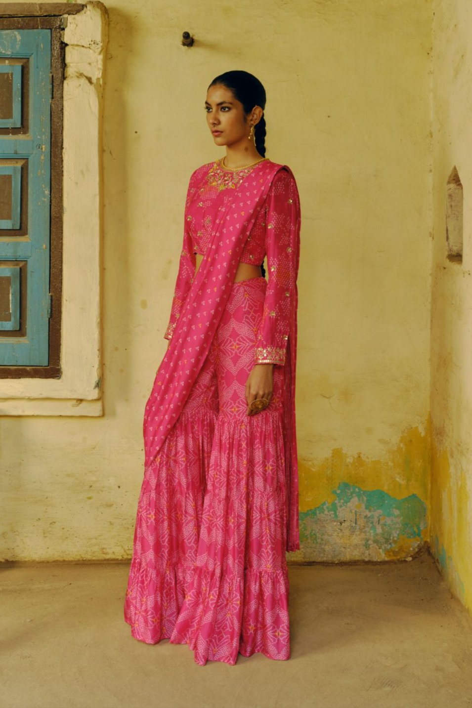 Rani pink sharara saree