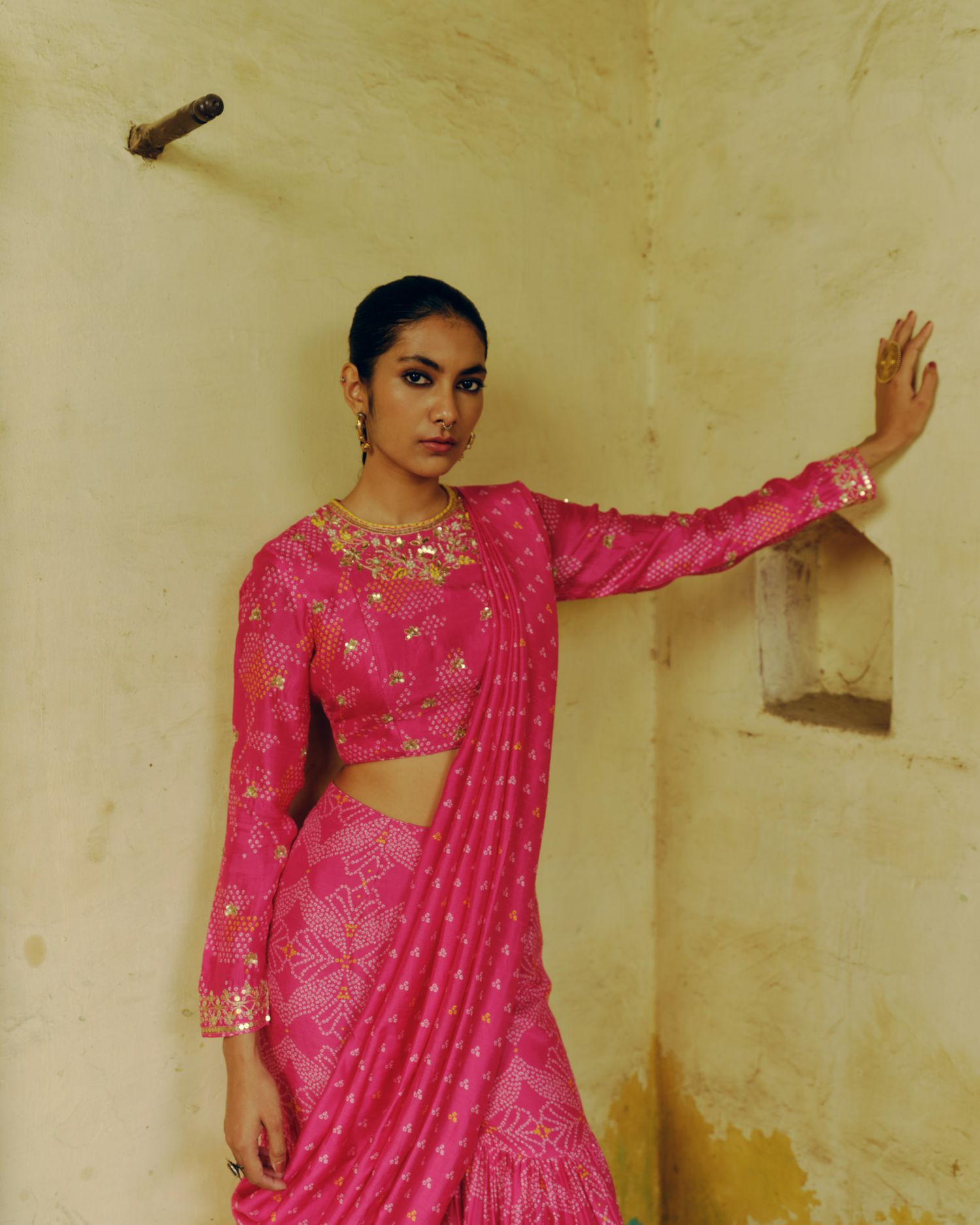 Rani pink sharara saree