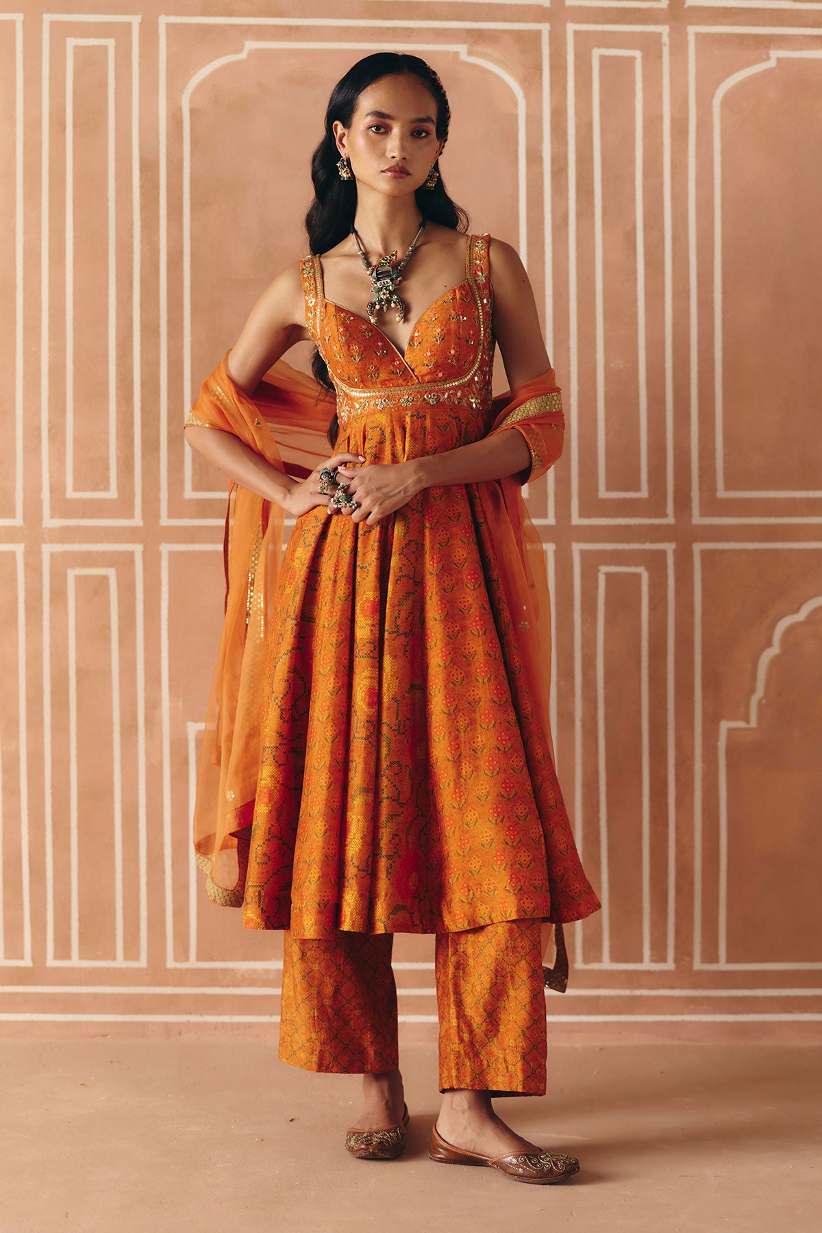 Burnt orange anarkali set