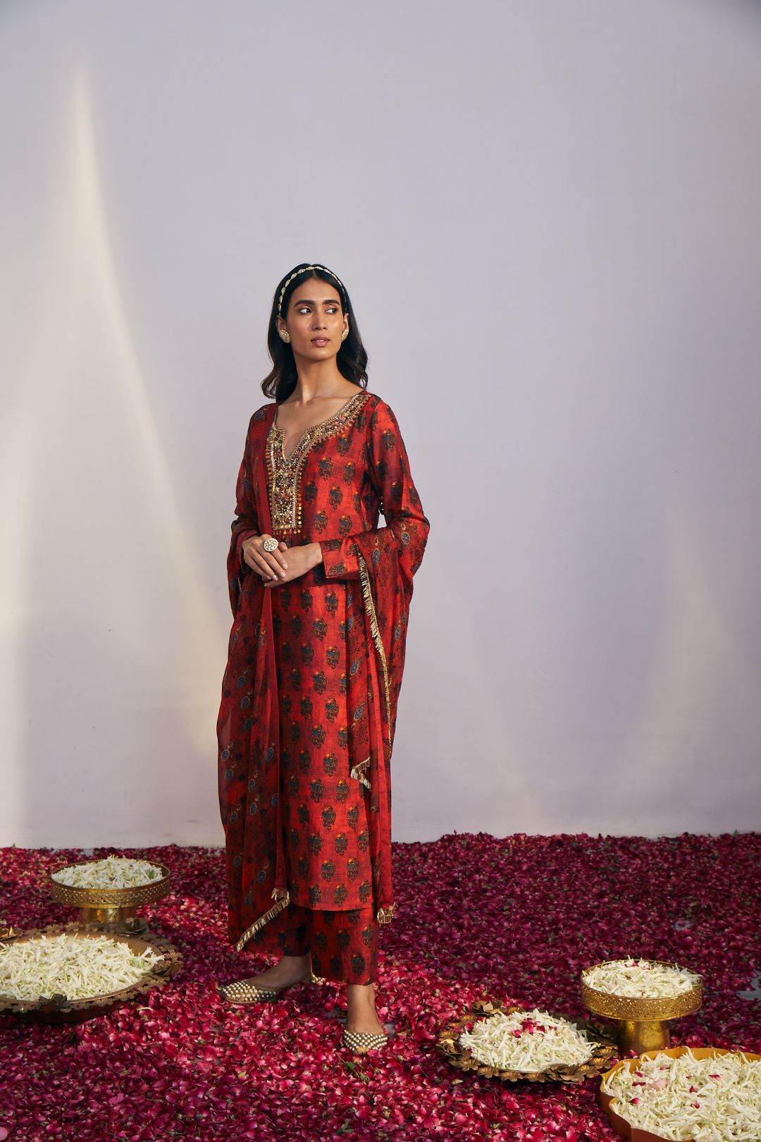 Cherry Red Kurta Set with Matching Pants and Organza Dupatta