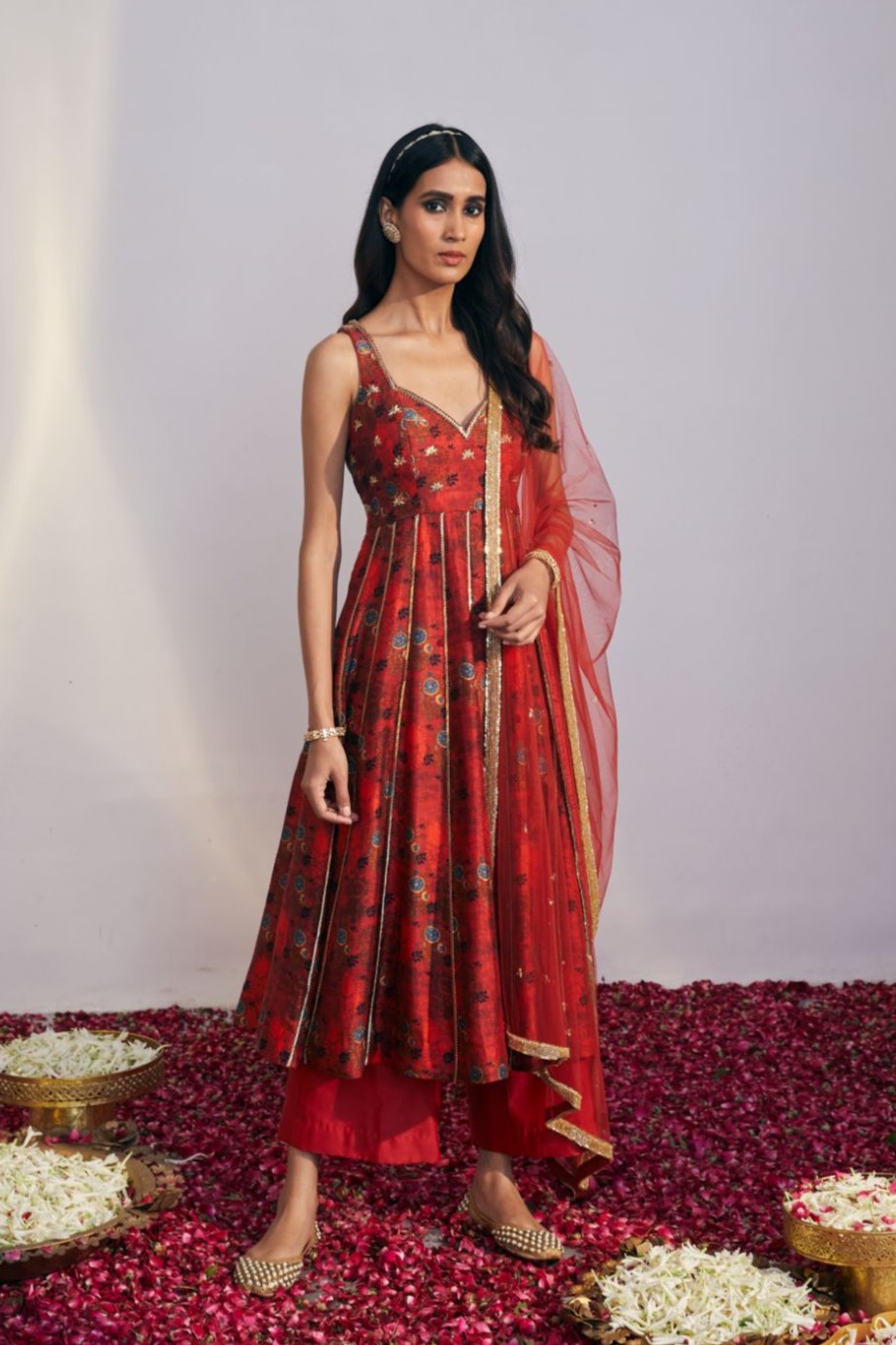 Cherry Red Floral Printed Anarkali Suit Custom / Short