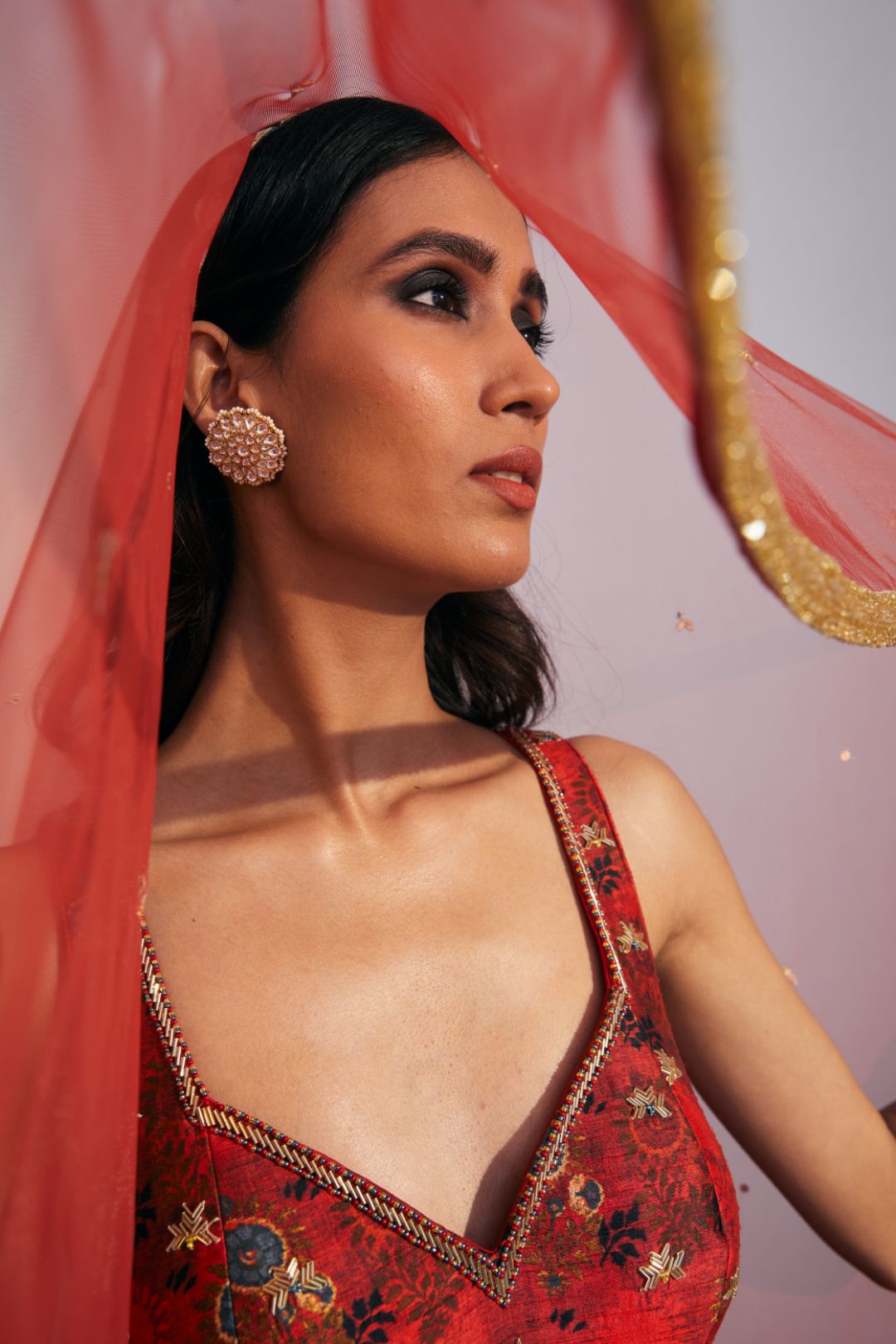 Cherry Red Floral Printed Anarkali Suit