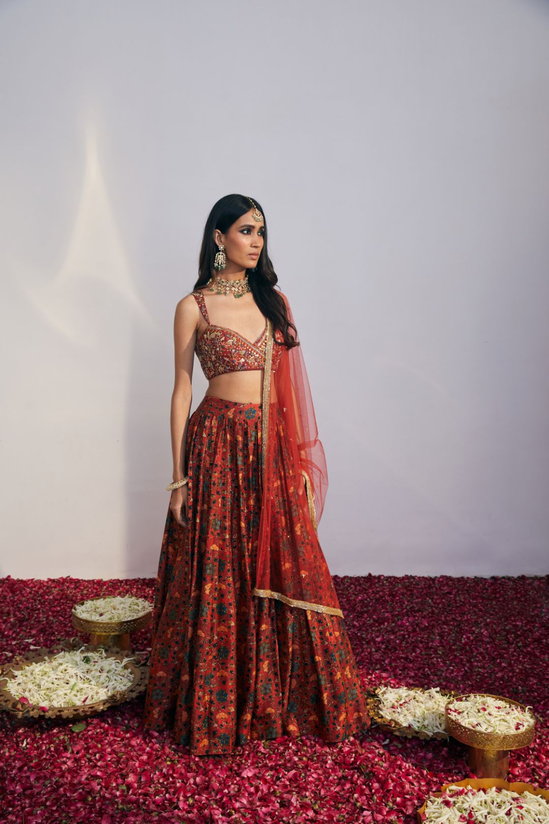 Cherry Red Lehenga Set with Embroidered Overlap Blouse & Dupatta
