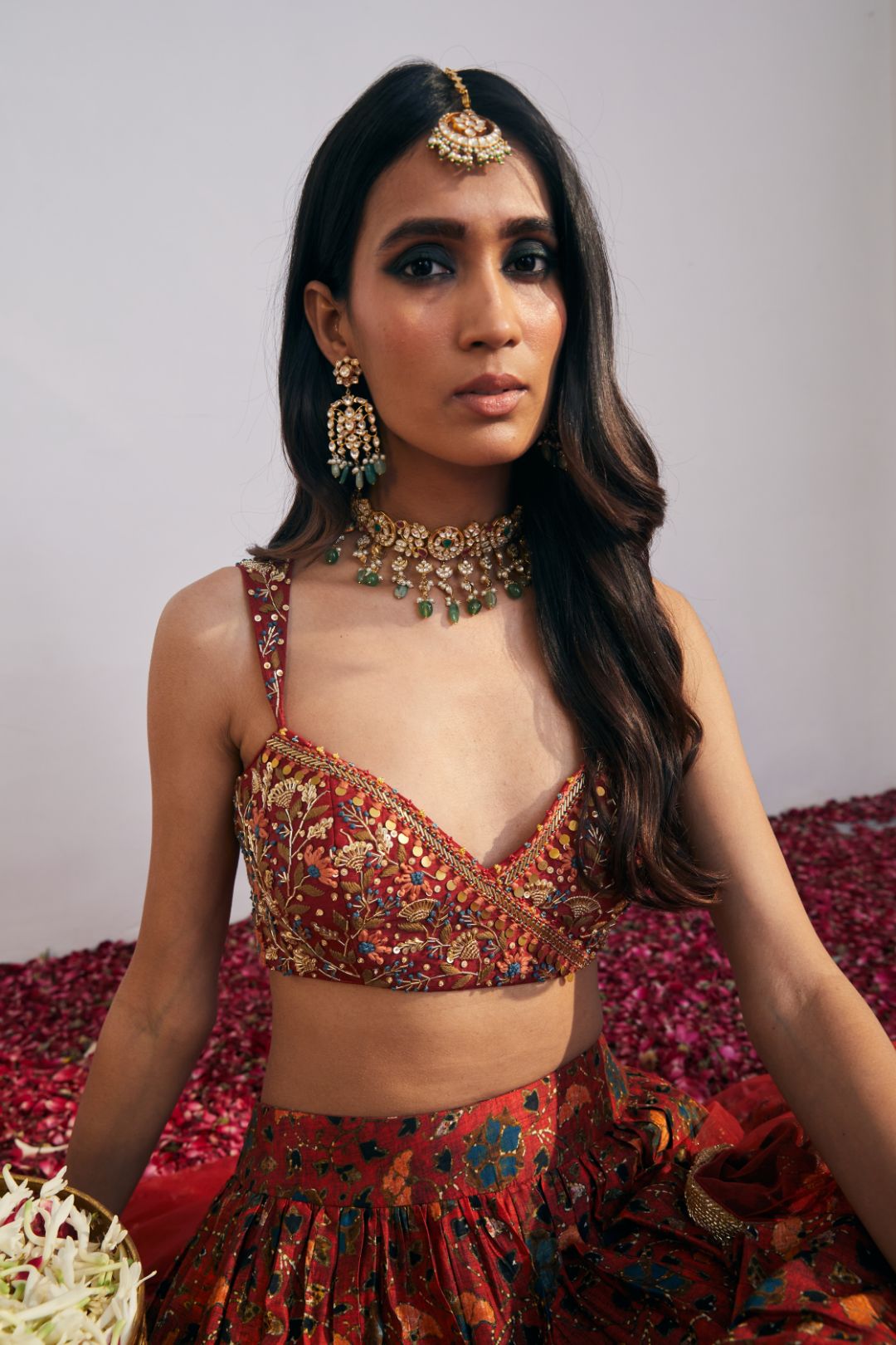 Cherry Red Lehenga Set with Embroidered Overlap Blouse & Dupatta