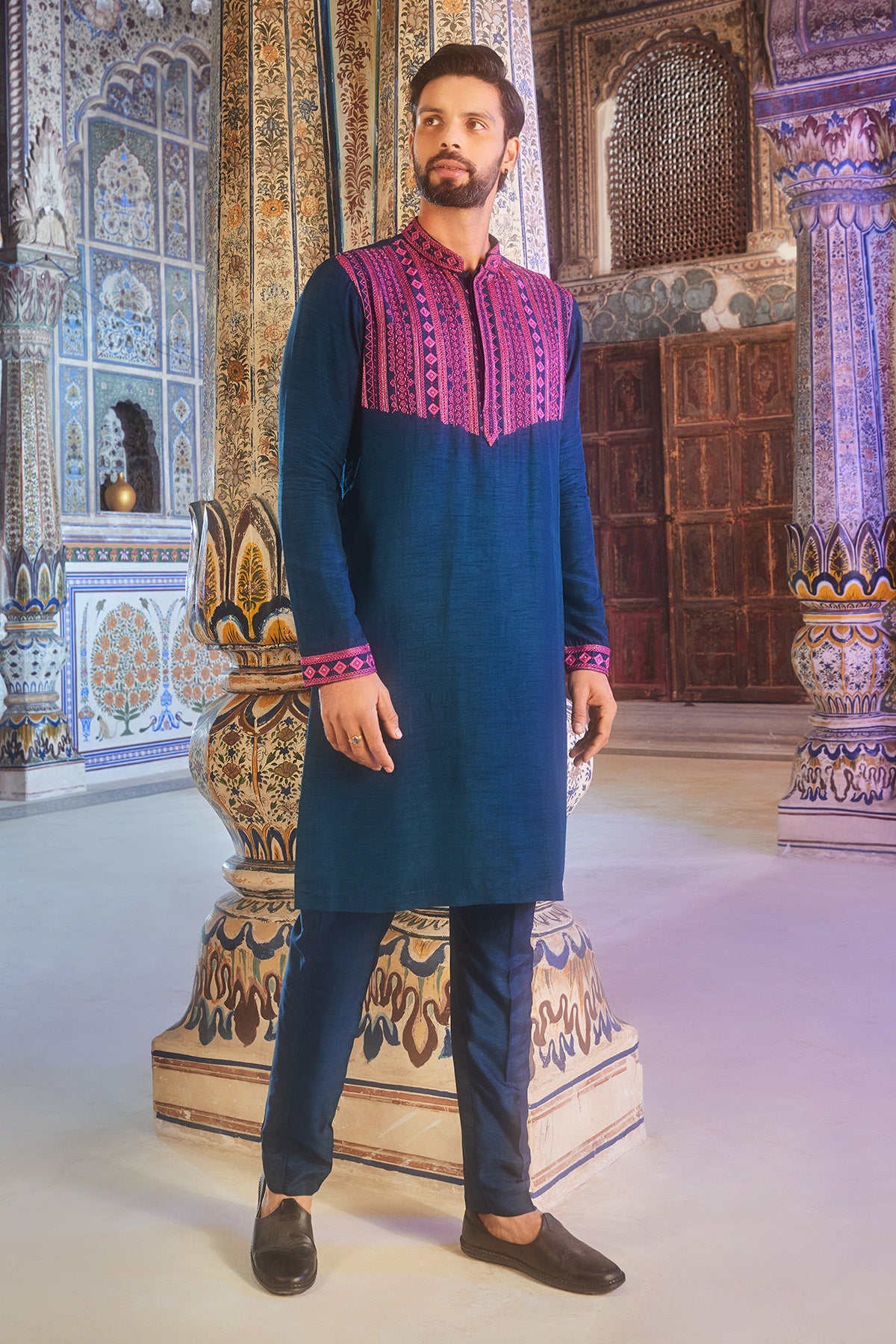 Teal blue thread and cutdana embroidered kurta set