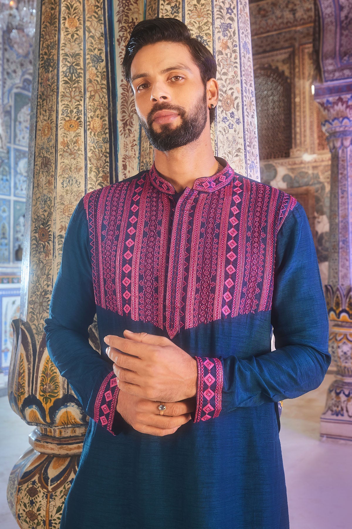 Teal blue thread and cutdana embroidered kurta set