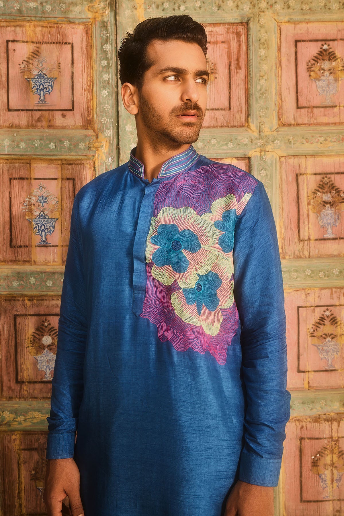 Indigo blue one side embroidered kurta and pant