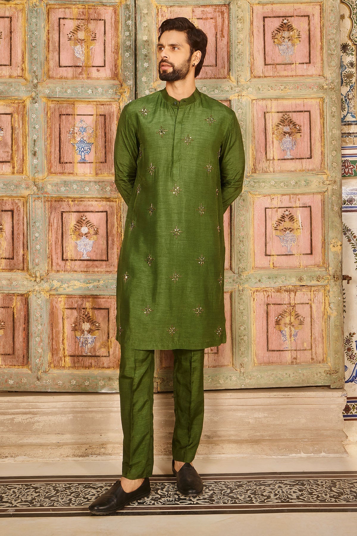 Olive green metallic embroidered kurta and pant