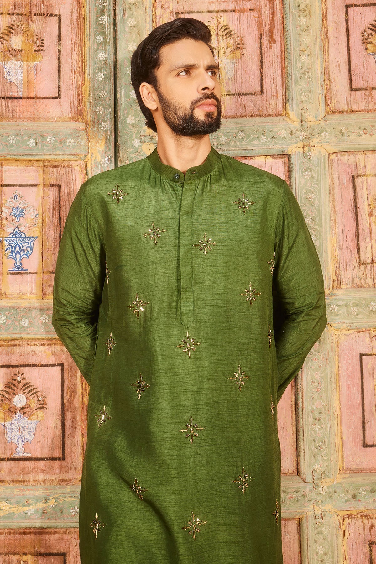 Olive green metallic embroidered kurta and pant