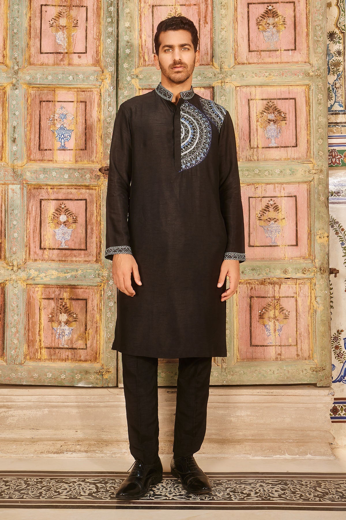 Black one side embroidered kurta and pant