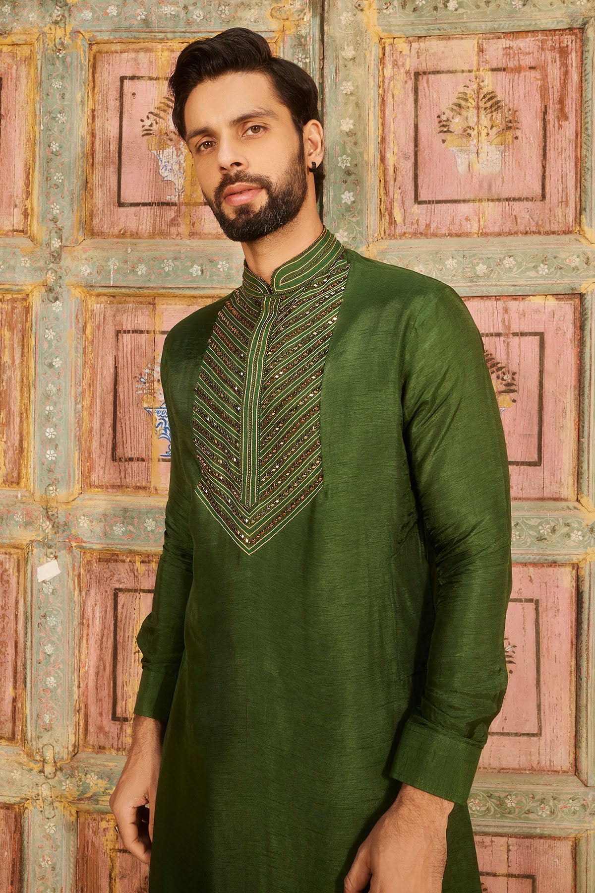 Olive green embroidered kurta set