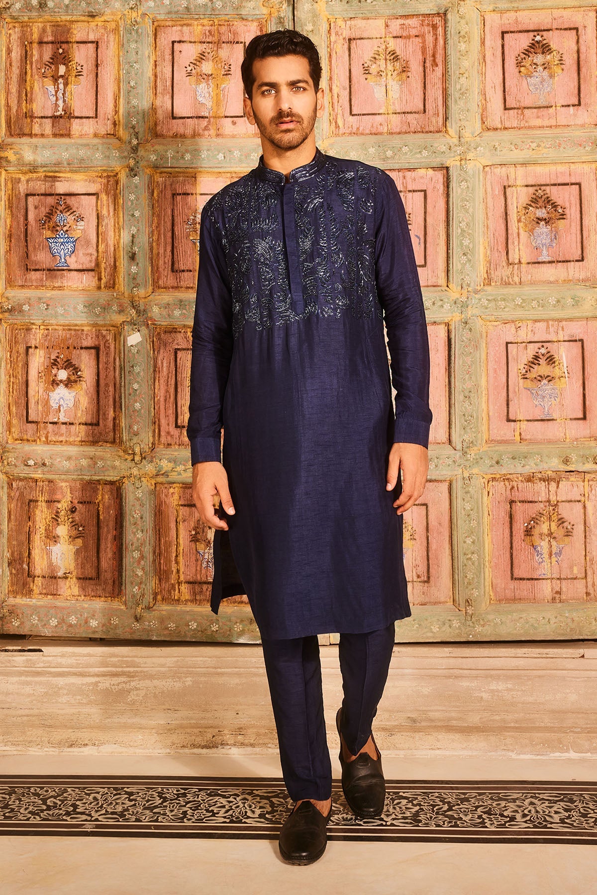 Dark blue embroidred kurta with pant
