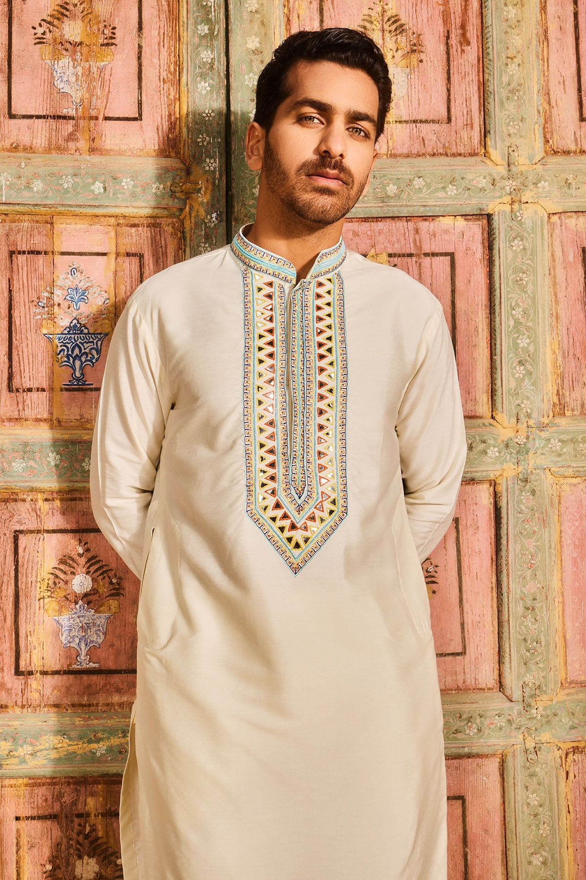 Pastel yellow placket embroidered kurta and pant