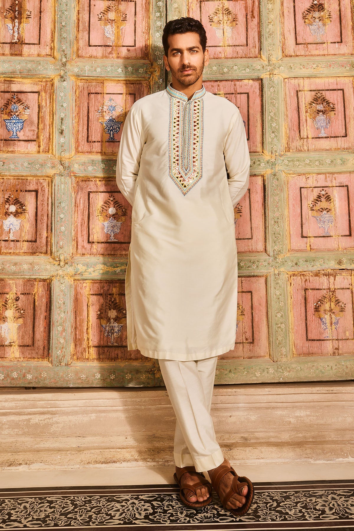 Pastel yellow placket embroidered kurta and pant