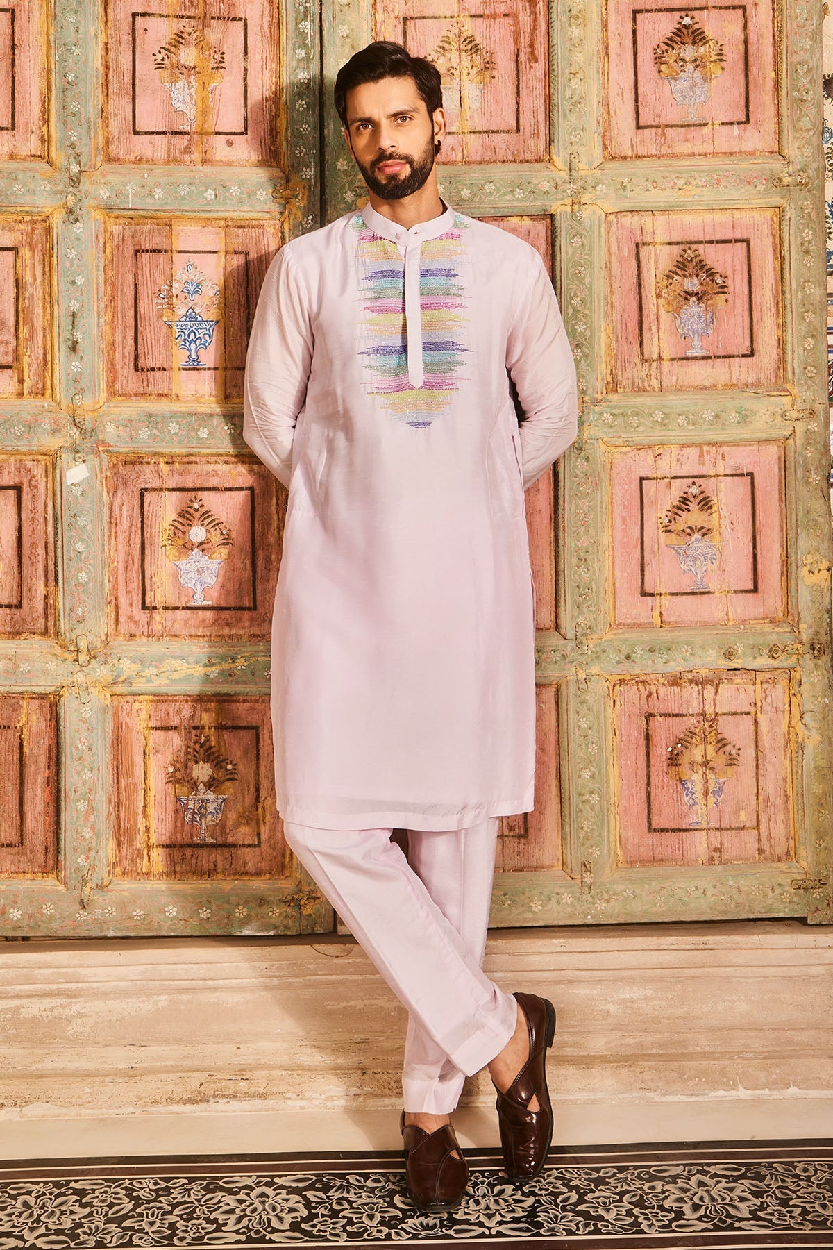 Multicoloured thread and cutdana embroidred blush pink kurta and pant