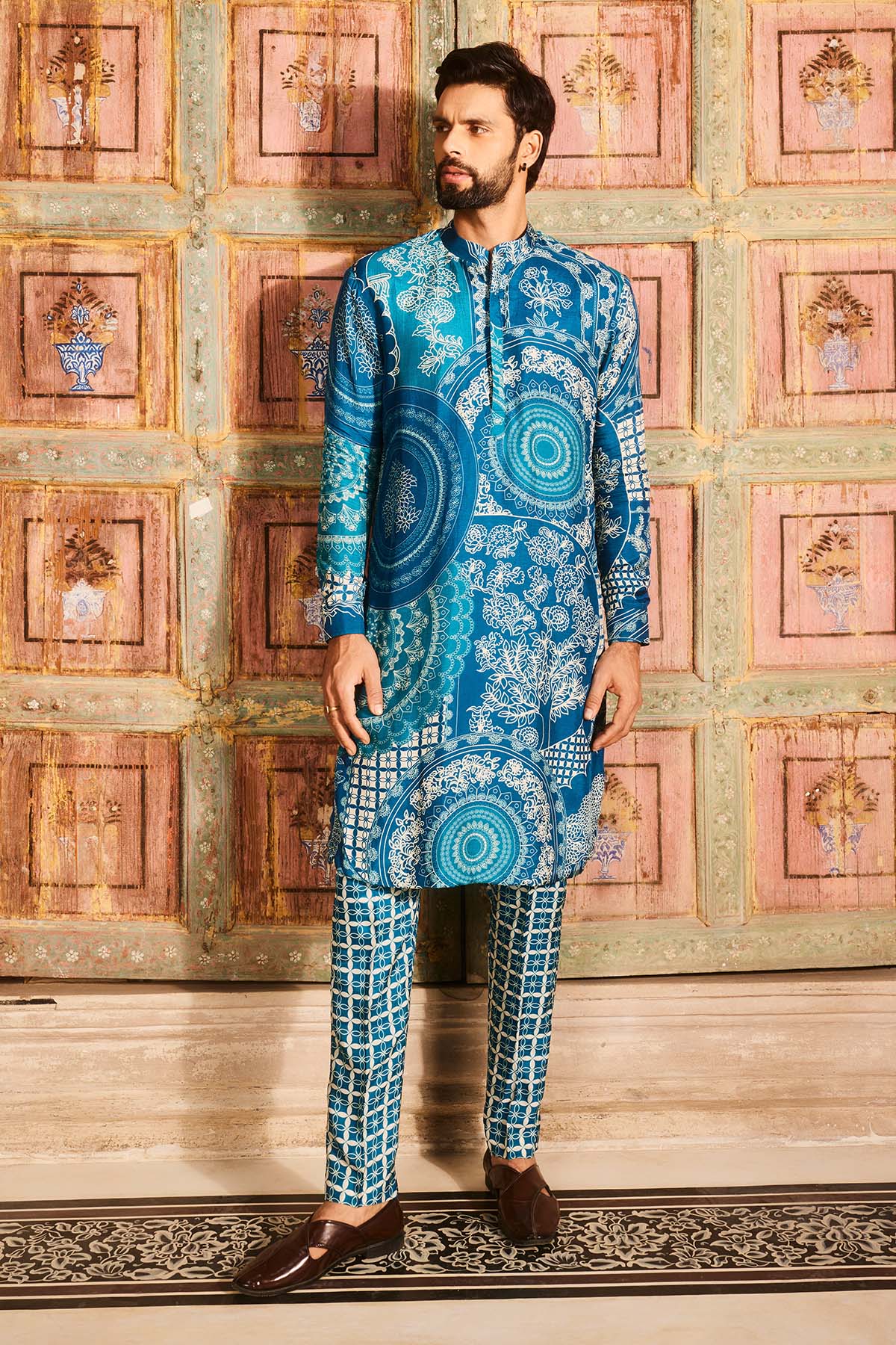 TEAL BLUE THIKRI PRINTED KURTA SET