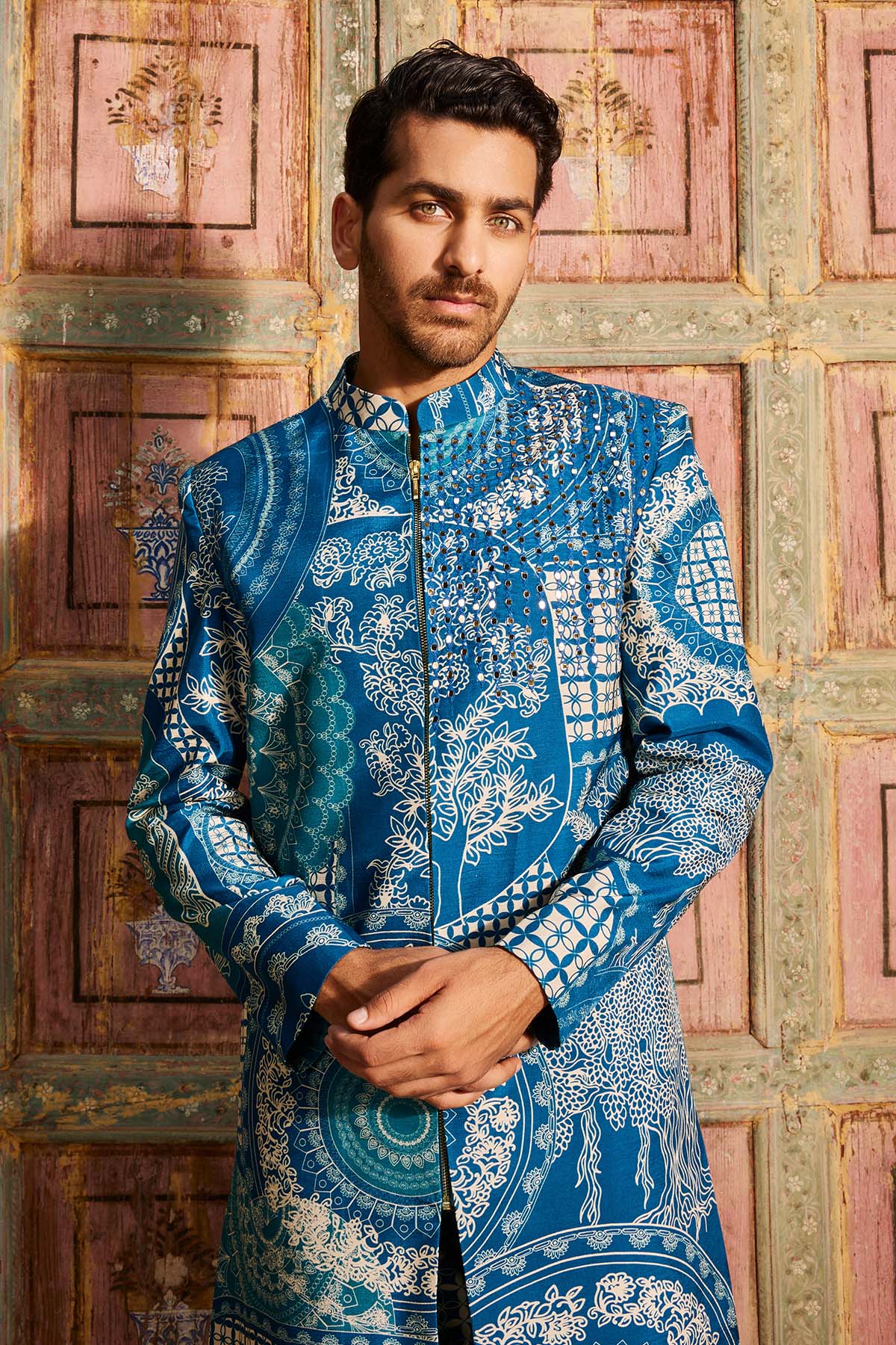 TEAL BLUE THIKRI PRINT & HIGHLIGHTED LONG JACKET SET