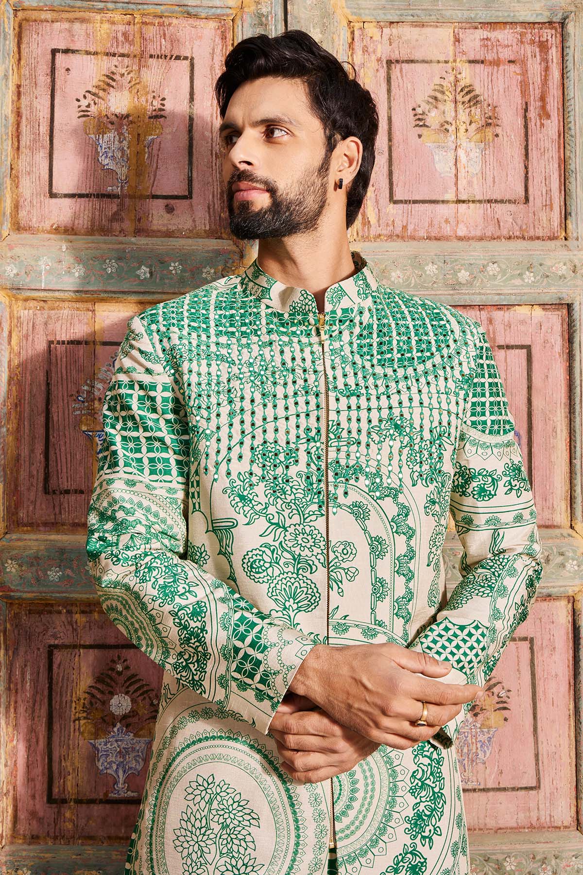 DARK GREEN THIKRI PRINT & HIGHLIGHTED LONG JACKET SET - Ready To Ship